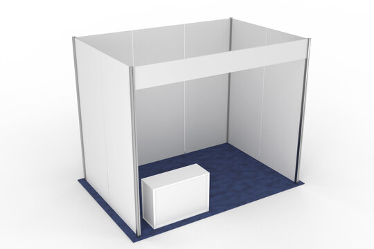 Expo trade show exhibition booth standard 3x2m for presentation in perspective isolated on background mockup 3d rendering