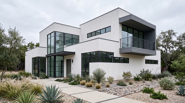 Modern Two-Story Architectural House Exterior with Desert Landscaping