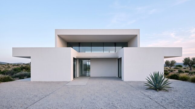 Modern Minimalist White Villa Architecture Front Elevation View
