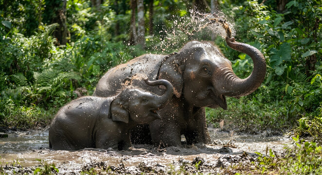 Mother elephant and her calf playing in a muddy water hole