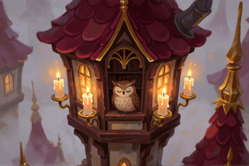 Obraz premium Sleepy owl in a cozy candlelit library tower