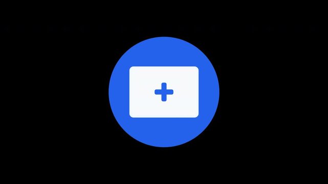 A clean motion graphics animation featuring a minimalist plus symbol inside a white card on a blue circle against a black background, representing a cross
