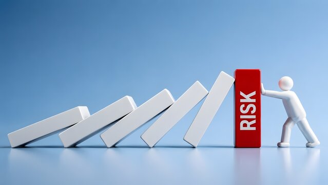 Anonymous figure holding red risk block to stop falling dominoes. Concept of risk management, problem solving, and corporate crisis intervention.