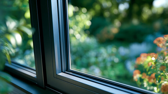 Close up of a dark framed window with blurred foliage visible through glass