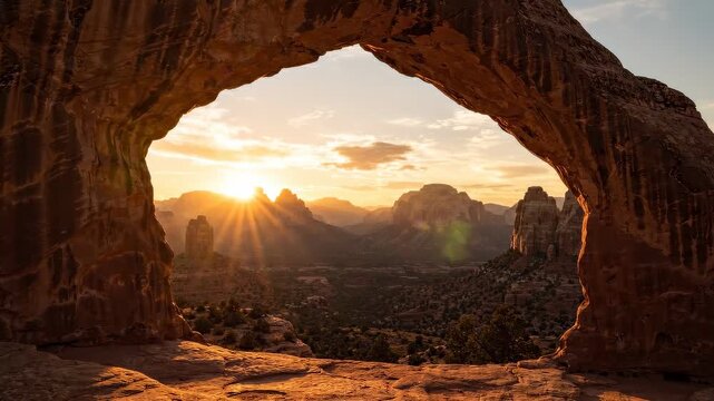 Natural Stone Rock Arch Framing Scenic Desert Mountain View at Golden Sunrise