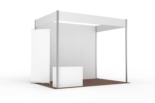 Expo trade show exhibition booth standard 3x2m three way open for presentation in perspective isolated on background mockup 3d rendering 