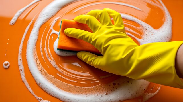 Hand cleaning orange surface with yellow glove and sponge