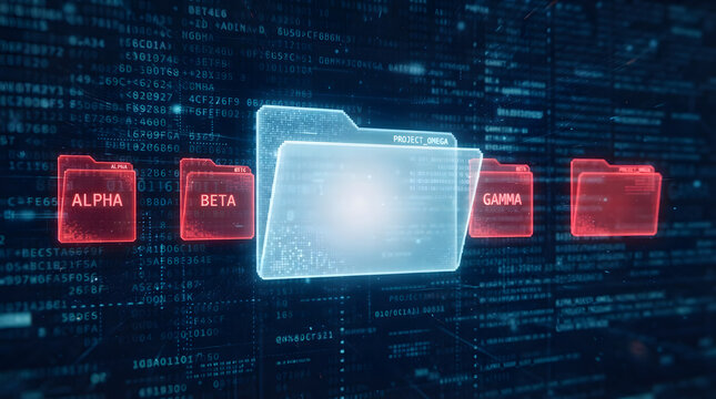 Digital folders displaying alpha beta gamma data management system with blue code background cloud computing folders labeled gamma with gamma