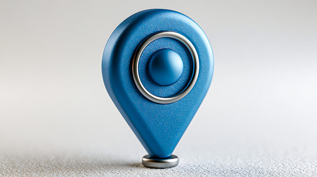 Blue map marker with metallic ring stands on a light surface