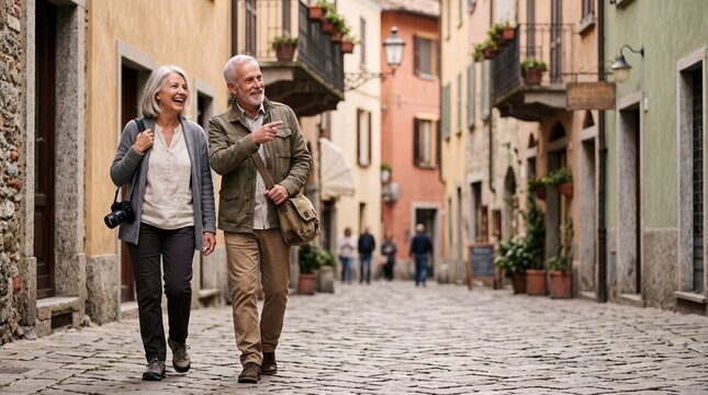 Senior Couple Exploring European Village: An elderly couple, hand-in-hand, strolls through a charming, narrow cobblestone street in an old European town.