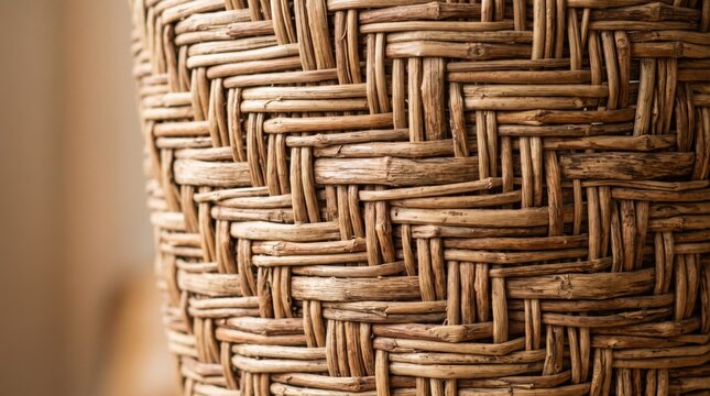 Close-up of a rustic wicker basket texture, handcrafted natural wood weave pattern, traditional craft background with detailed organic fiber structure for design projects.