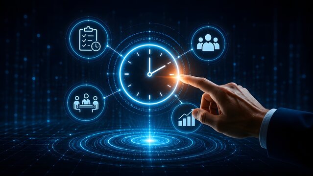 Businessman hand touching glowing clock hub on circular virtual interface. Concept of advanced time tracking and centralized project management.