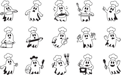 Obraz premium Halloween ghost chef icons set for spooky culinary festive designs and holiday decorations