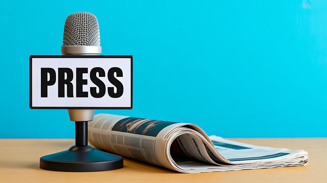 Press sign beside newspaper representing journalism and media news