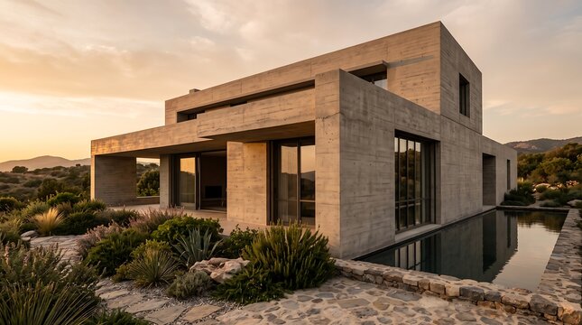Modern Brutalist Concrete Villa exterior with Pool at Sunset