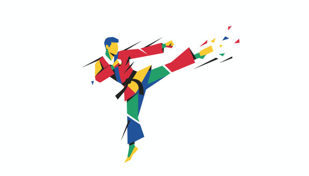 Dynamic karate fighter performs a powerful high kick surrounded by colorful geometric shards which convey movement and martial arts action energy.