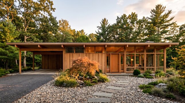 Mid-Century Modern Wooden House Exterior in Forest Setting
