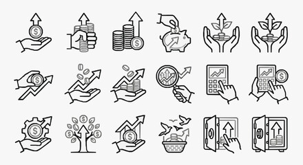 Fototapeta premium Professional Black and White Line Icons Set Featuring Financial Growth Investment Savings and Business Success Concepts