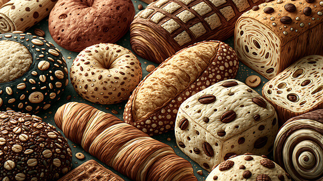 Assorted baked goods form a detailed hand drawn vector pattern