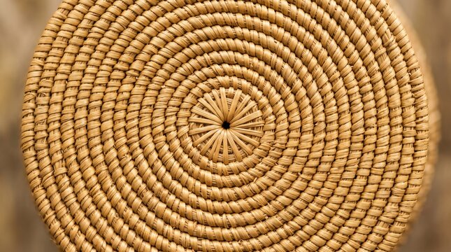 Top view of handcrafted woven bamboo basket with spiral pattern texture, natural fiber material for storage or decoration, showcasing traditional artisan craftsmanship and rustic