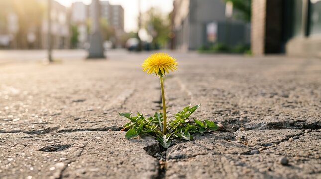 Yellow dandelion flower growing through crack in concrete pavement, urban resilience, nature vs city street, spring bloom on sidewalk asphalt, hope and survival symbol