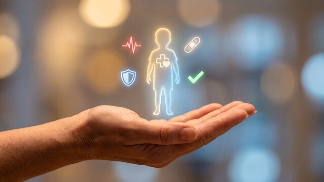 Child wellness pediatric care concept, hand holding glowing child figure with medical cross, heartbeat, shield, bandage and checkmark icons, kids health protection, wellbeing monitoring and safety