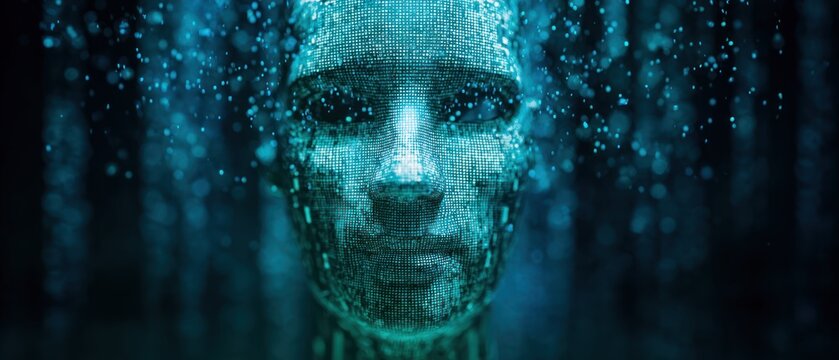 Futuristic digital human face emerging from data streams