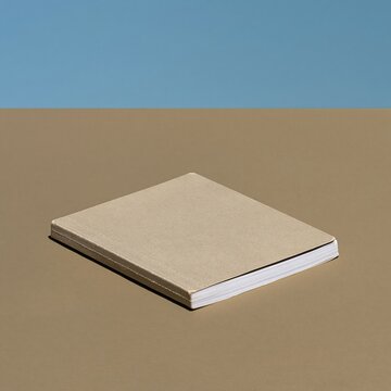Used kraft composition notebook with a worn cover and stitched binding, featuring a blank label mockup on a brown background with copy space