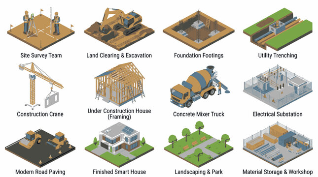 Isometric illustration showing various stages of construction and development projects.