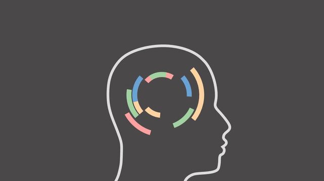 Head silhouette with circular arc segments inside. Thinking, mind, mental process, cognition, consciousness, intelligence, memory, analysis, introspection, psychology, knowledge and problem solving.
