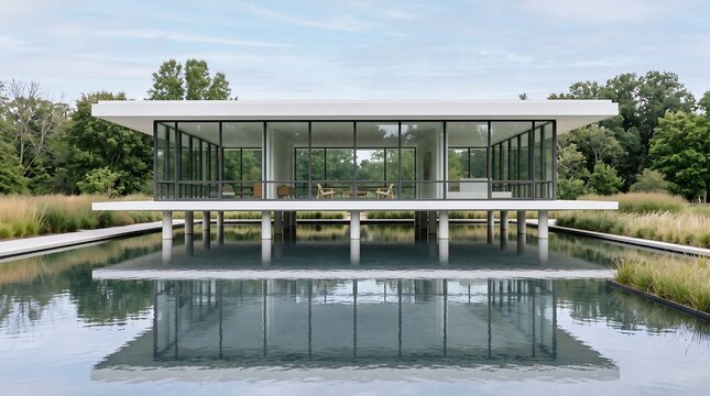 Modern glass pavilion reflected in tranquil surrounding water