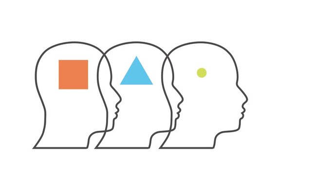 Row of overlapping head silhouettes, each with unique geometric shape inside. Diversity and individuality, personality types, mindset, perception, opinion, uniqueness, society, inclusion and teamwork.