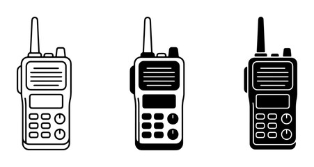 Set of Three Walkie Talkie Icons, Portable Radio Devices, Communication Gadgets, Two-Way Radio Vector Graphics © Affan