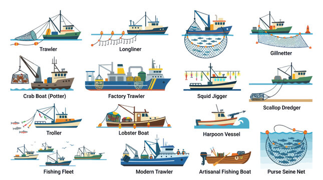 Flat Design Fishing Boats and Gear Vector Set - Trawlers, Seiners, Harpoons, Dredgers for Maritime Industry