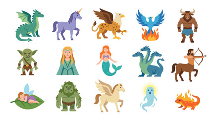 Obraz premium Mythical Creatures and Fantasy Characters Flat Vector Icon Set for Games, Storytelling, and Fairy Tales
