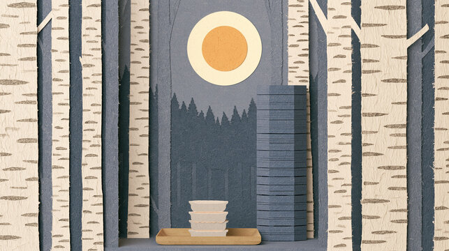 Birch forest frames quiet paper stack beside modern tower beneath warm sun, creating calm layered woodland composition with depth and contrast