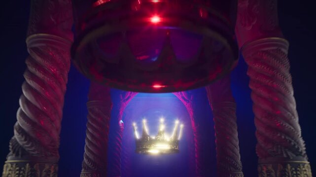 3D Animation of Golden Royal Crown Floating in Dark Palace Corridor with Red and Blue Lighting