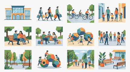 Fototapeta premium Professional Illustrated Scenes of Community Living and Urban Family Activities with Colorful Buildings and Play Elements