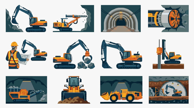 Professional Illustrated Set of Heavy Construction Machinery and Mining Equipment in Vibrant Orange and Blue