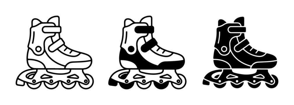 Inline Skates Vector Icons Set, Rollerblade Sport Equipment, Speed Skating Gear, Urban Mobility Footwear, Black and White Graphics