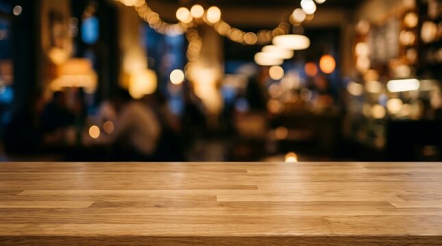 Empty wooden tabletop with blurred bar interior background and bokeh lights