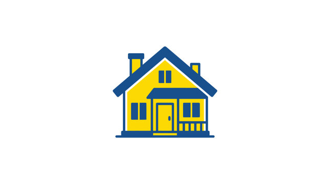 Simple Yellow House Icon With Blue Roof And Details On White Background