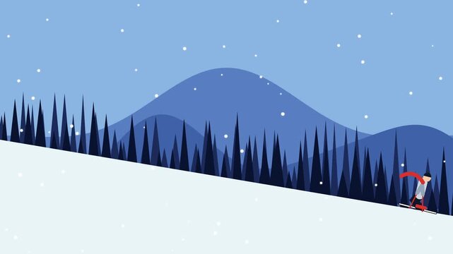 Minimalist animation of a person snowboarding on a mountain