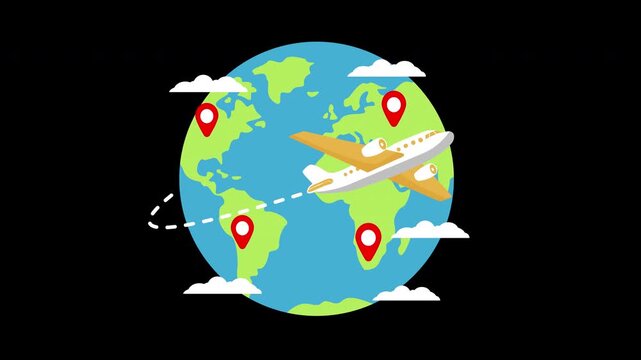 Global Travel Illustration with Airplane Flying Around World Globe and Multiple Location Pins