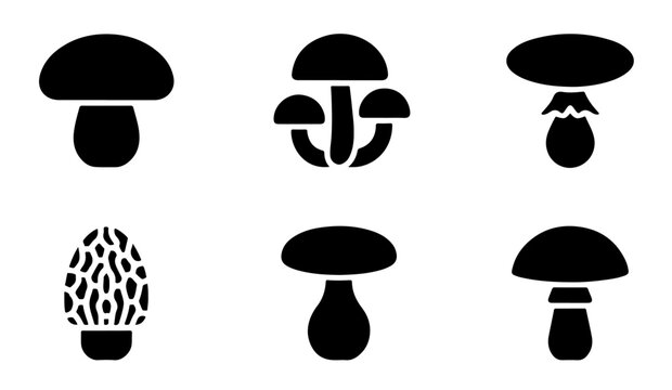 Black mushroom icons depicting edible fungi varieties for professional culinary menu and cooking application.