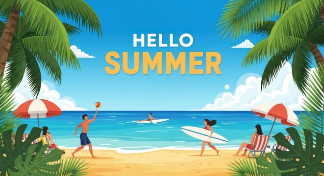 Hello summer beach scene with people playing volleyball and surfing under palm trees