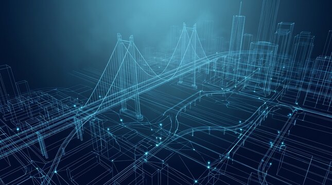 Detailed glowing blue wireframe city featuring a massive suspension bridge with intricate geometric lines rendered in modern digital 3d style