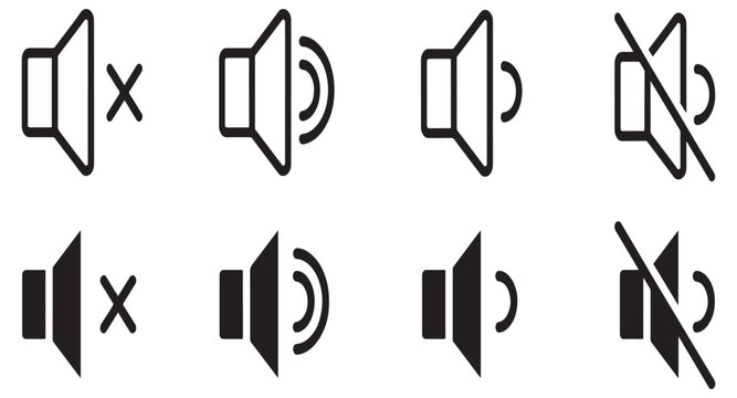 Volume icons set in outline and solid fill mute speaker symbols sound levels.