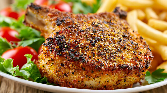 Crispy breaded pork chop served with french fries and fresh garden salad with cherry