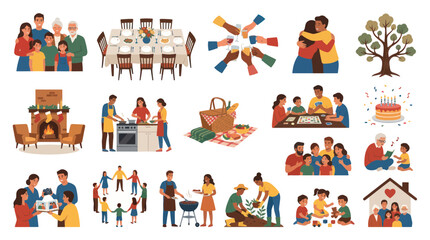 Naklejka premium Diverse Family Activities Collection: Holidays, Games, Cooking, Outdoors, Togetherness